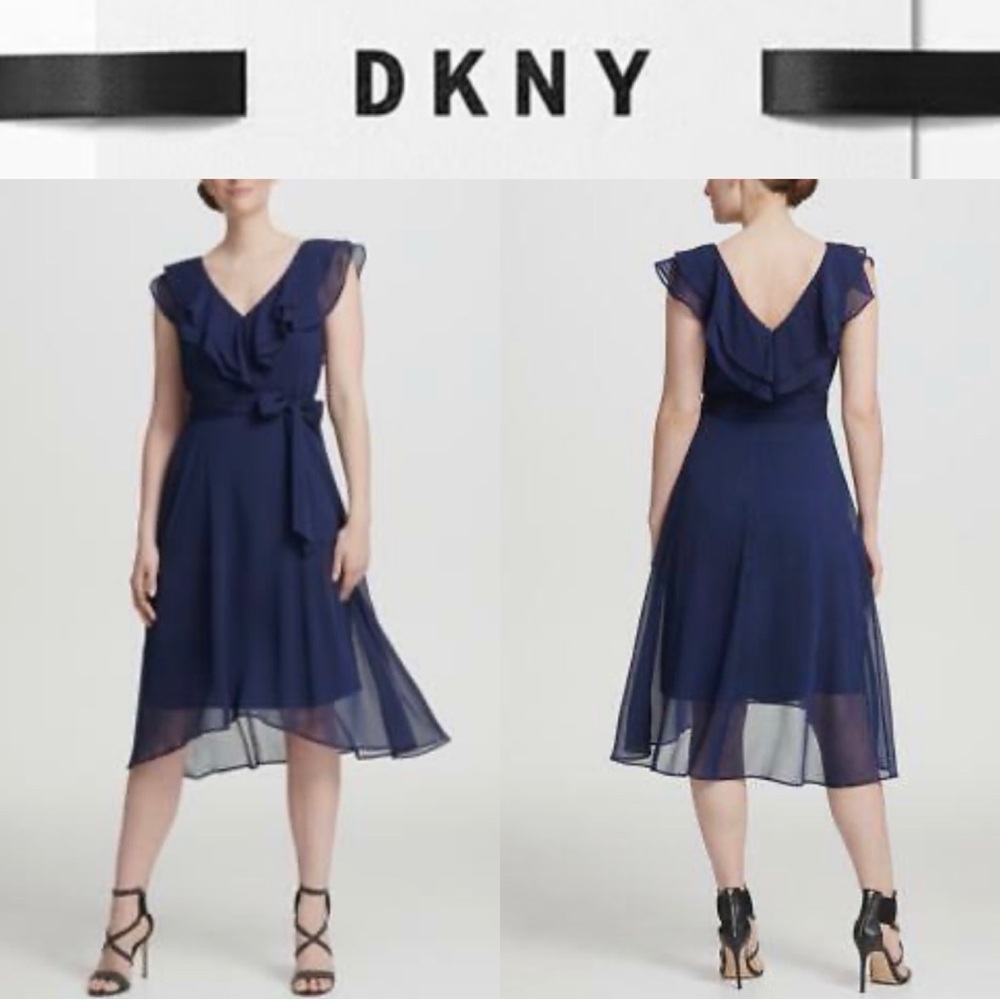 DKNY RUFFLED V NECK NAVY BLUE COCKTAIL MIDI DRESS **NWT**
